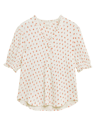 

Womens Per Una Pure Cotton Floral V-Neck Short Sleeve Top - Ivory Mix, Ivory Mix