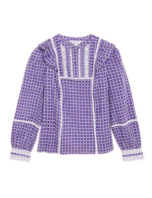 Womens Per Una Pure Cotton Printed Long Sleeve Blouse - Violet Mix