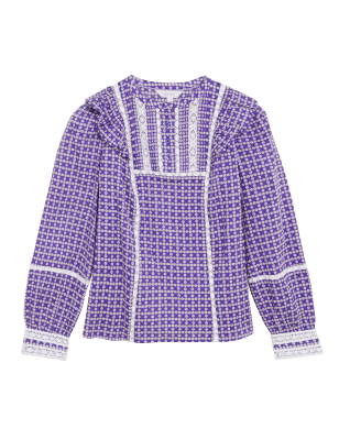 Womens Per Una Pure Cotton Printed Long Sleeve Blouse - Violet Mix