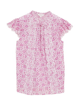 

Womens Per Una Pure Cotton Printed Tie Neck Blouse - Pink Mix, Pink Mix