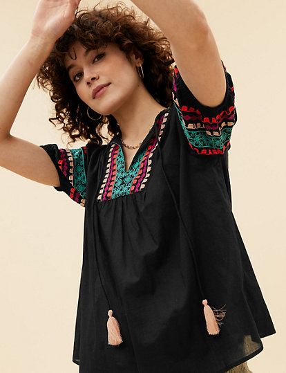 Pure Cotton Embroidered Short Sleeve Blouse