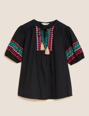 Pure Cotton Embroidered Short Sleeve Blouse