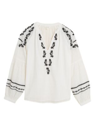 

Womens Per Una Pure Cotton Embroidered V-Neck Tunic - Ivory Mix, Ivory Mix