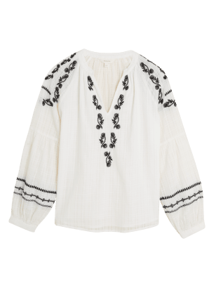 

Womens Per Una Pure Cotton Embroidered V-Neck Tunic - Ivory Mix, Ivory Mix