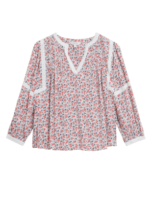 

Womens Per Una Geblümte Popover-Bluse mit 3/4-Ärmeln und eingekerbtem Ausschnitt - Cream Mix, Cream Mix