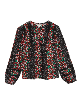 

Womens Per Una Floral Lace Insert Puff Sleeve Blouse - Black Mix, Black Mix