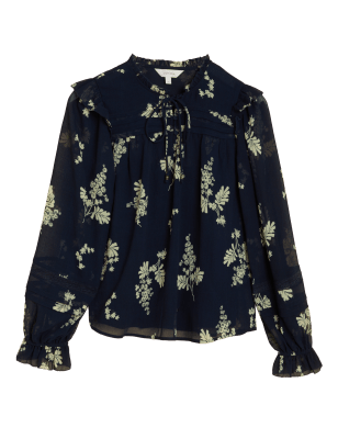 

Womens Per Una Floral Tie Neck Ruffle Long Sleeve Blouse - Navy Mix, Navy Mix