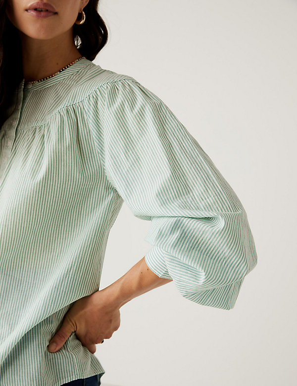 Zuiver katoenen blouse met lange mouwen en strepen - BE