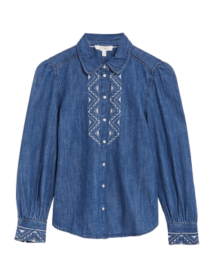 

Womens Per Una Denim Embroidered Long Sleeve Shirt - Medium Indigo, Medium Indigo