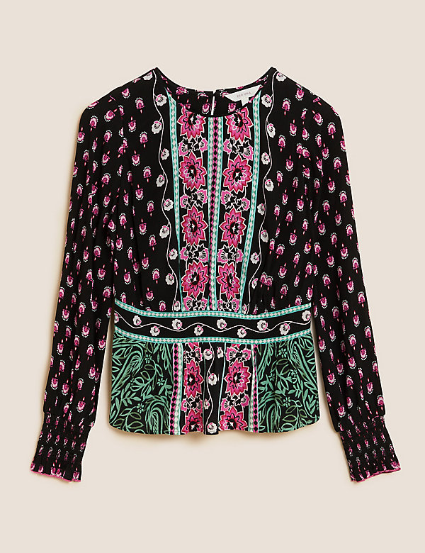 Floral Round Neck Long Sleeve Blouse - MM