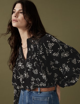 

Womens Per Una Floral V-Neck 3/4 Sleeve Popover Blouse - Black Mix, Black Mix