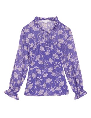 

Womens Per Una Printed Tie Neck Ruffle Long Sleeve Blouse - Purple Mix, Purple Mix
