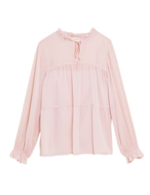 Image of Per Una Womens Frill Neck Tie Front Long Sleeve Blouse - 8 - Pink Shell, Pink Shell