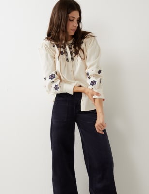 Pure Cotton Embroidered Long Sleeve Blouse