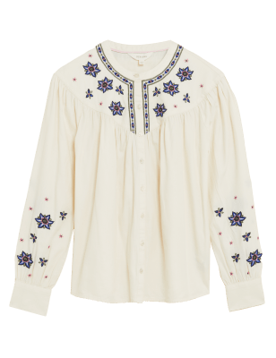 

Womens Per Una Pure Cotton Embroidered Long Sleeve Blouse - Cream Mix, Cream Mix