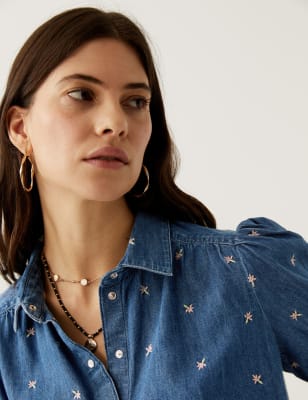 

Per Una Blusa denim de manga abullonada con bordadoWomens - Medium Indigo, Medium Indigo
