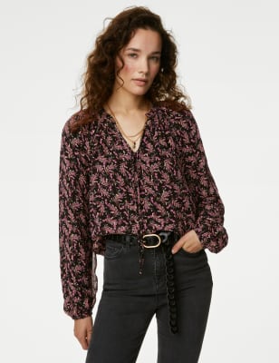 

Womens Per Una Sparkly Floral Tie Neck Blouse - Black Mix, Black Mix