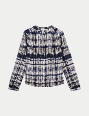

Womens Per Una Kragenlose Bluse mit durchgehender Knopfleiste und Muster - Navy Mix, Navy Mix