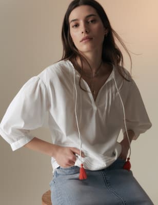 Pure Cotton Tie Neck Pintuck Blouse