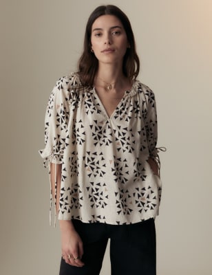 Linen Rich Geometric Puff Sleeve Blouse - NZ