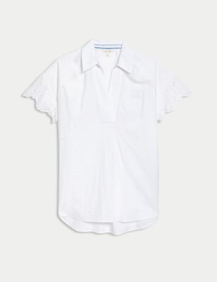 Per Una Womens Pure Cotton Broderie Collared Blouse - 12 - Soft White, Soft White