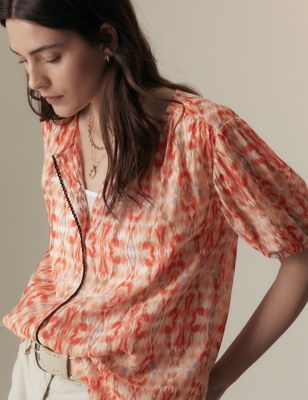 

Womens Per Una Cupro Rich Printed Short Sleeved Blouse - Orange Mix, Orange Mix