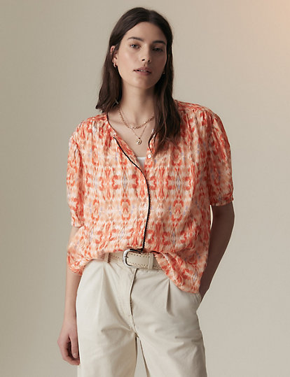 Cupro Rich Printed Short Sleeved Blouse