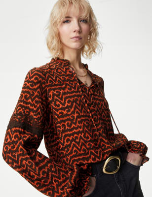 

Womens Per Una Printed Tie Neck Lace Insert Blouse - Orange Mix, Orange Mix