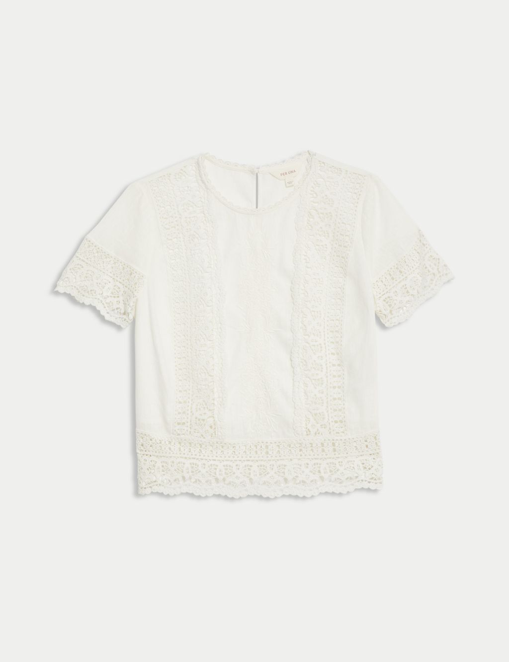 Linen Rich Embroidered Lace Detail Blouse