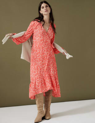 

Womens Per Una Floral V-Neck Midi Wrap Dress - Red Mix, Red Mix
