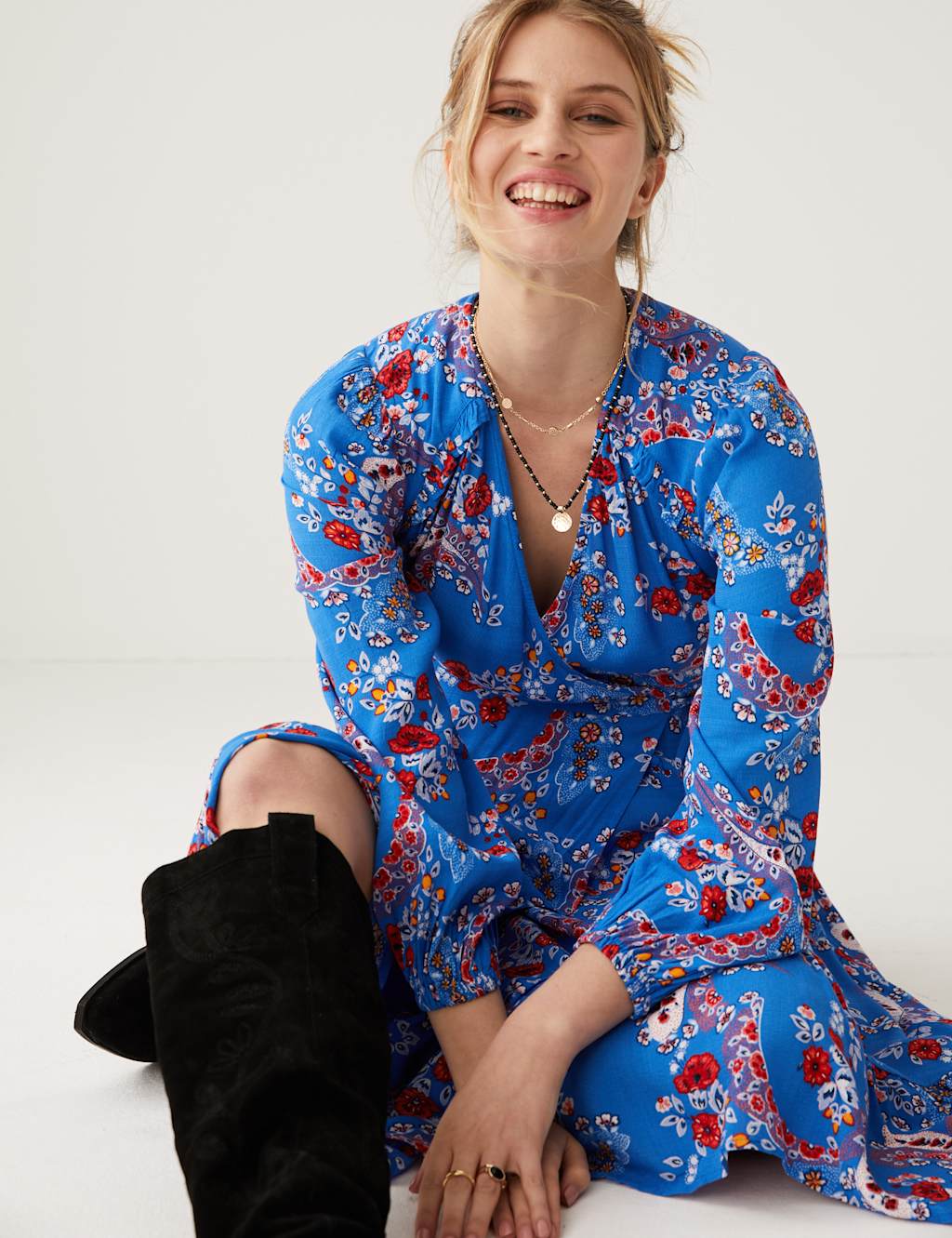 Floral V-Neck Midi Wrap Dress image 1