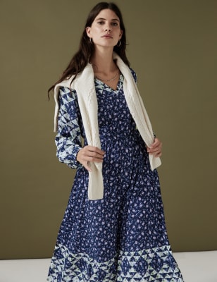 

Womens Per Una Tailliertes Midaxikleid mit Blumenmuster und Bindekragen - Navy Mix, Navy Mix