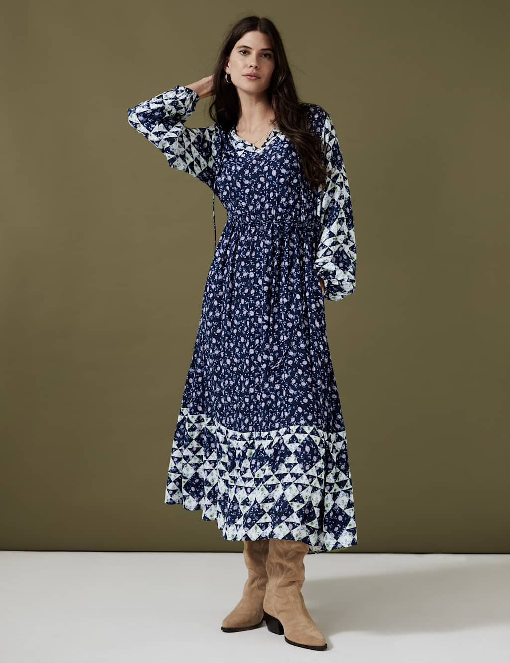 Floral Tie Neck Midaxi Waisted Dress image 2