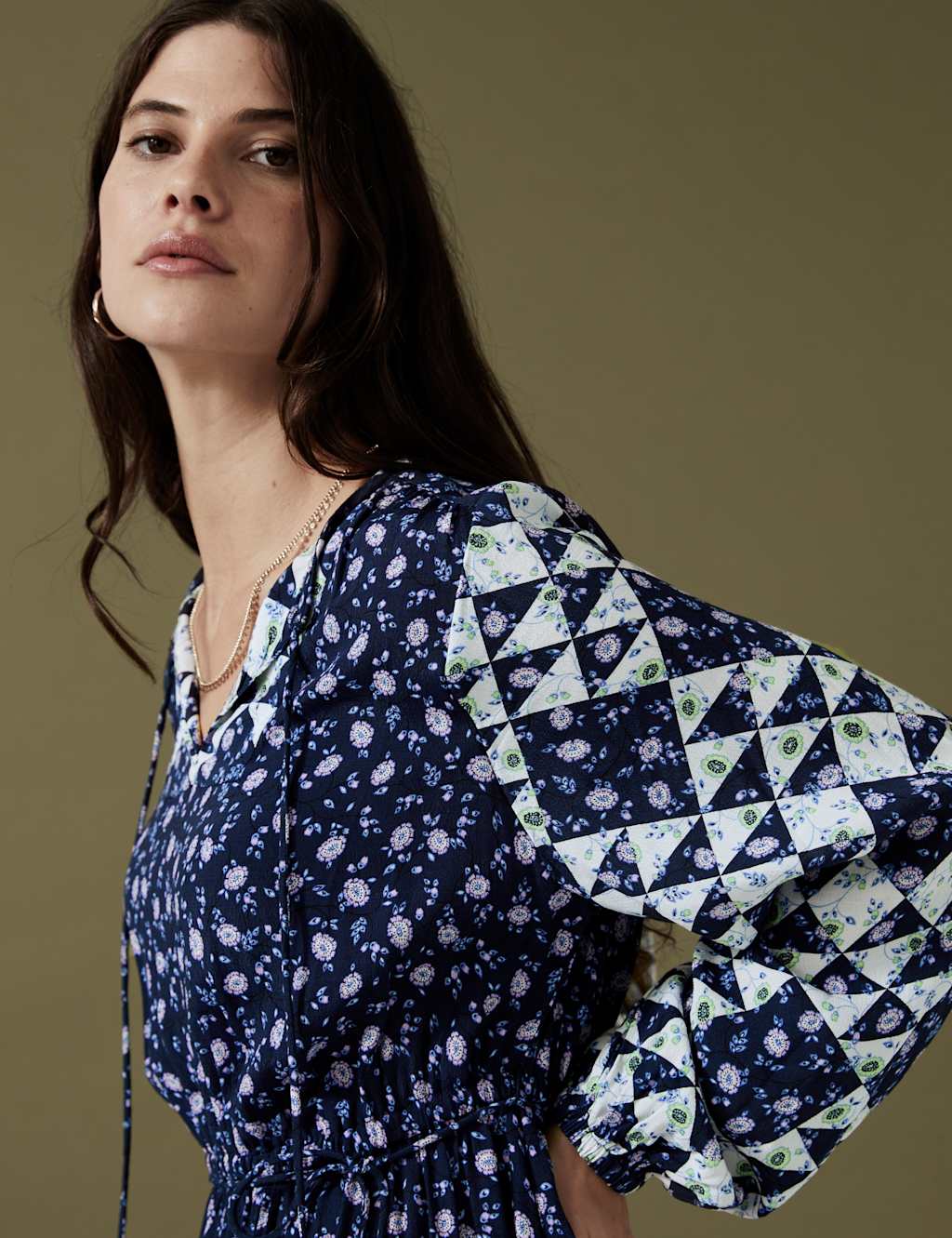 Floral Tie Neck Midaxi Waisted Dress image 3