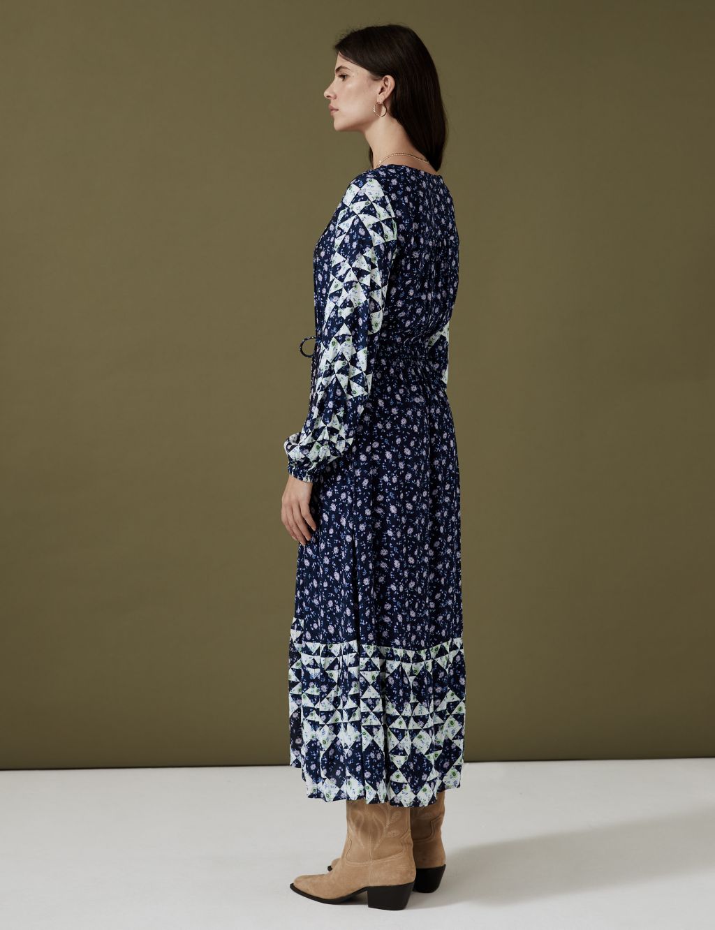 Floral Tie Neck Midaxi Waisted Dress image 5