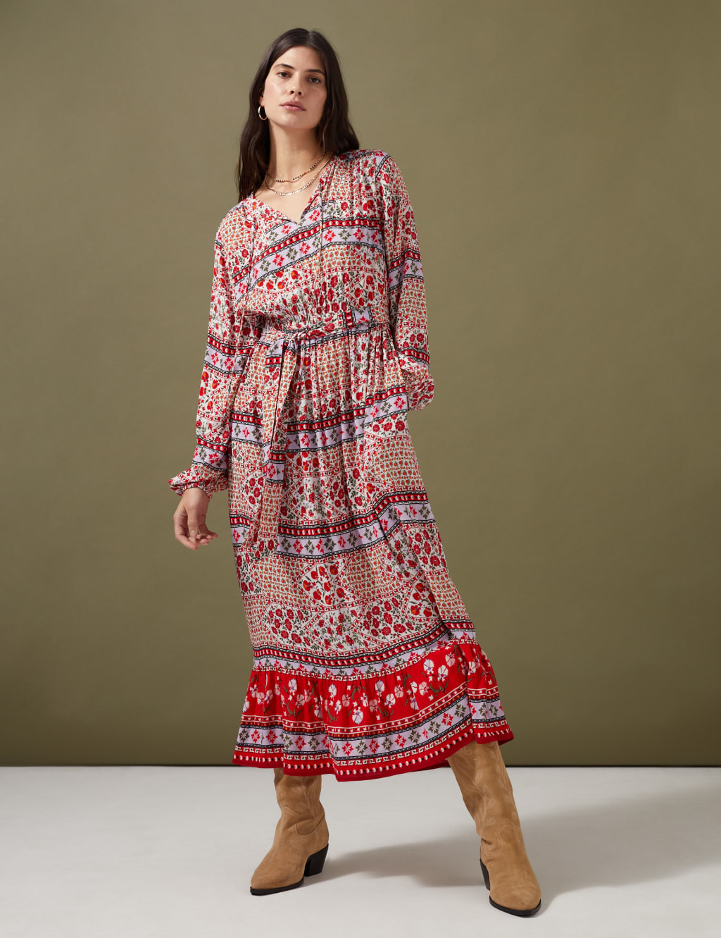 Floral Tie Neck Belted Midaxi Waisted Dress image 1