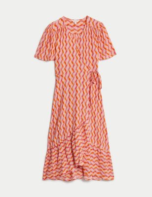 Printed V-Neck Midi Wrap Dress