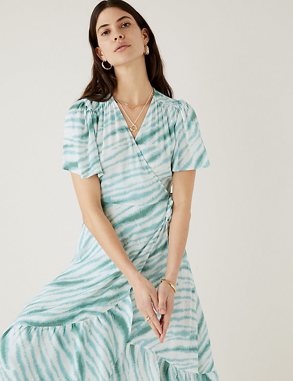 Printed V-Neck Midi Wrap Dress - IS