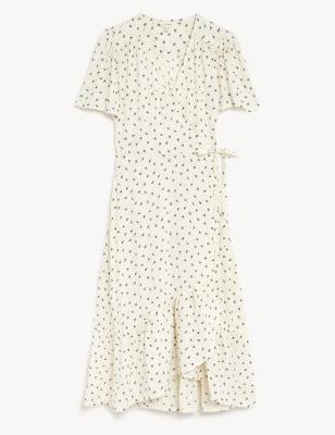 Printed V-Neck Midi Wrap Dress
