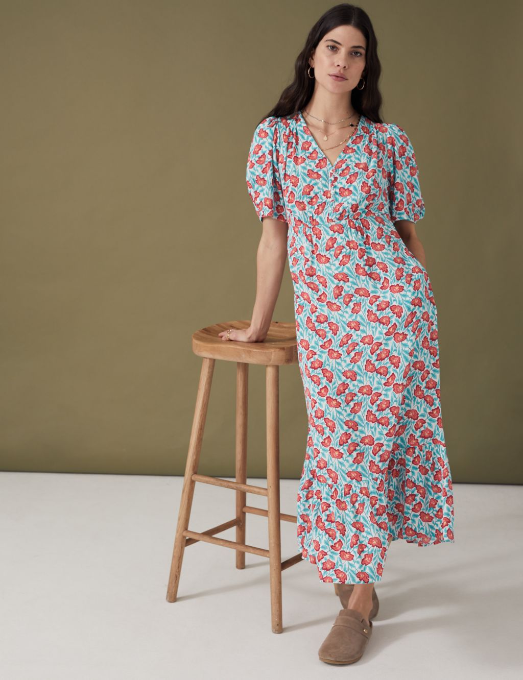 Printed V-Neck Midi Tiered Tea Dress image 2
