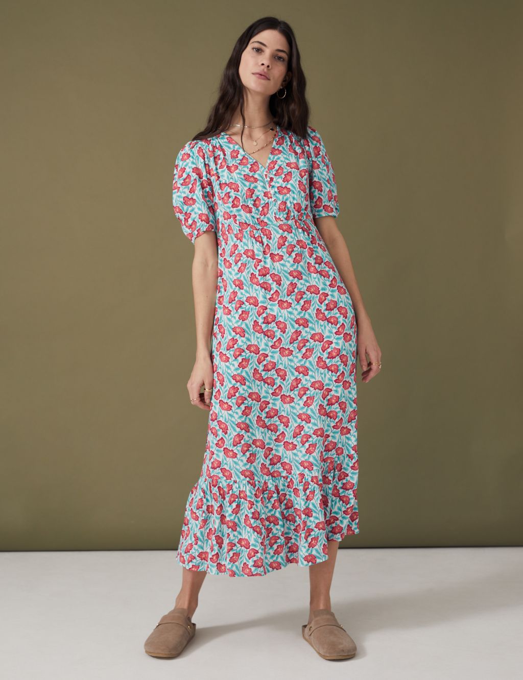 Printed V-Neck Midi Tiered Tea Dress image 3