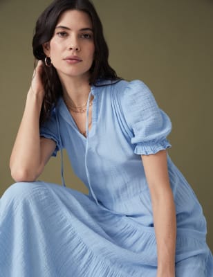 

Womens Per Una Midi-Stufenkleid aus reiner Baumwolle mit Schleifenkragen - Medium Blue, Medium Blue