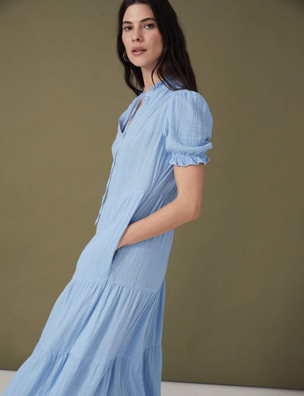 Pure Cotton Tie Neck Midi Tiered Dress image 2
