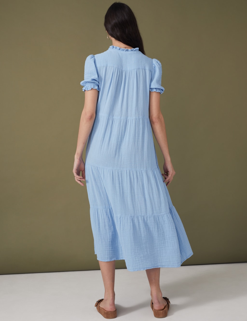 Pure Cotton Tie Neck Midi Tiered Dress image 5
