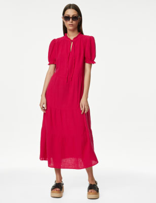 Pure Cotton Tie Neck Midi Tiered Dress