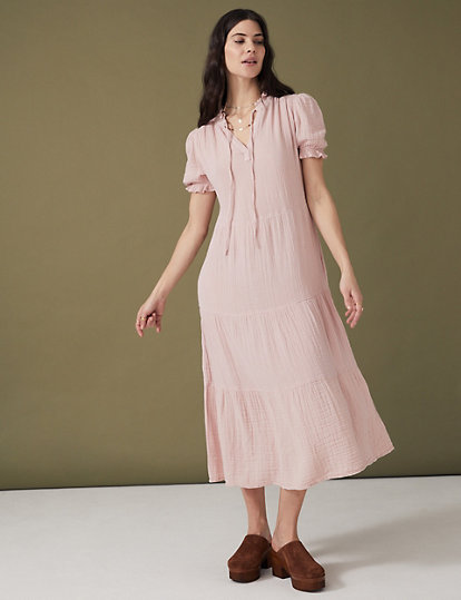 Per Una Pure Cotton Tie Neck Midi Tiered Dress - 8Reg - Pink Shell, Pink Shell