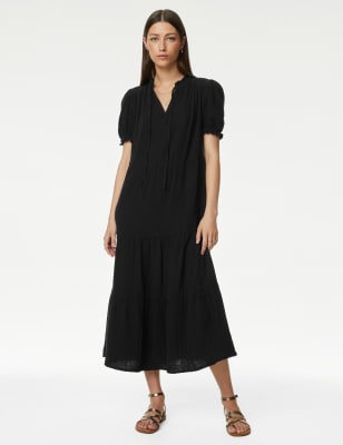 

Womens Per Una Pure Cotton Tie Neck Midi Tiered Dress - Black, Black