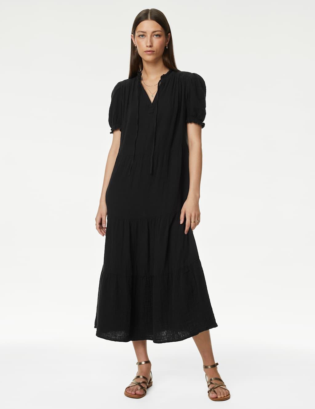 Pure Cotton Tie Neck Midi Tiered Dress image 1