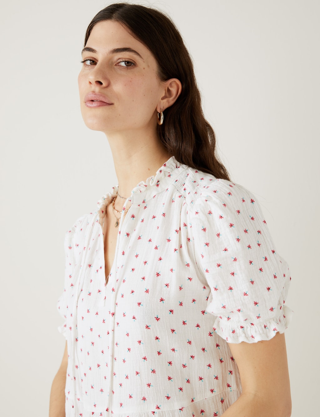 Cotton Rich Floral Tie Neck Midi Dress image 2