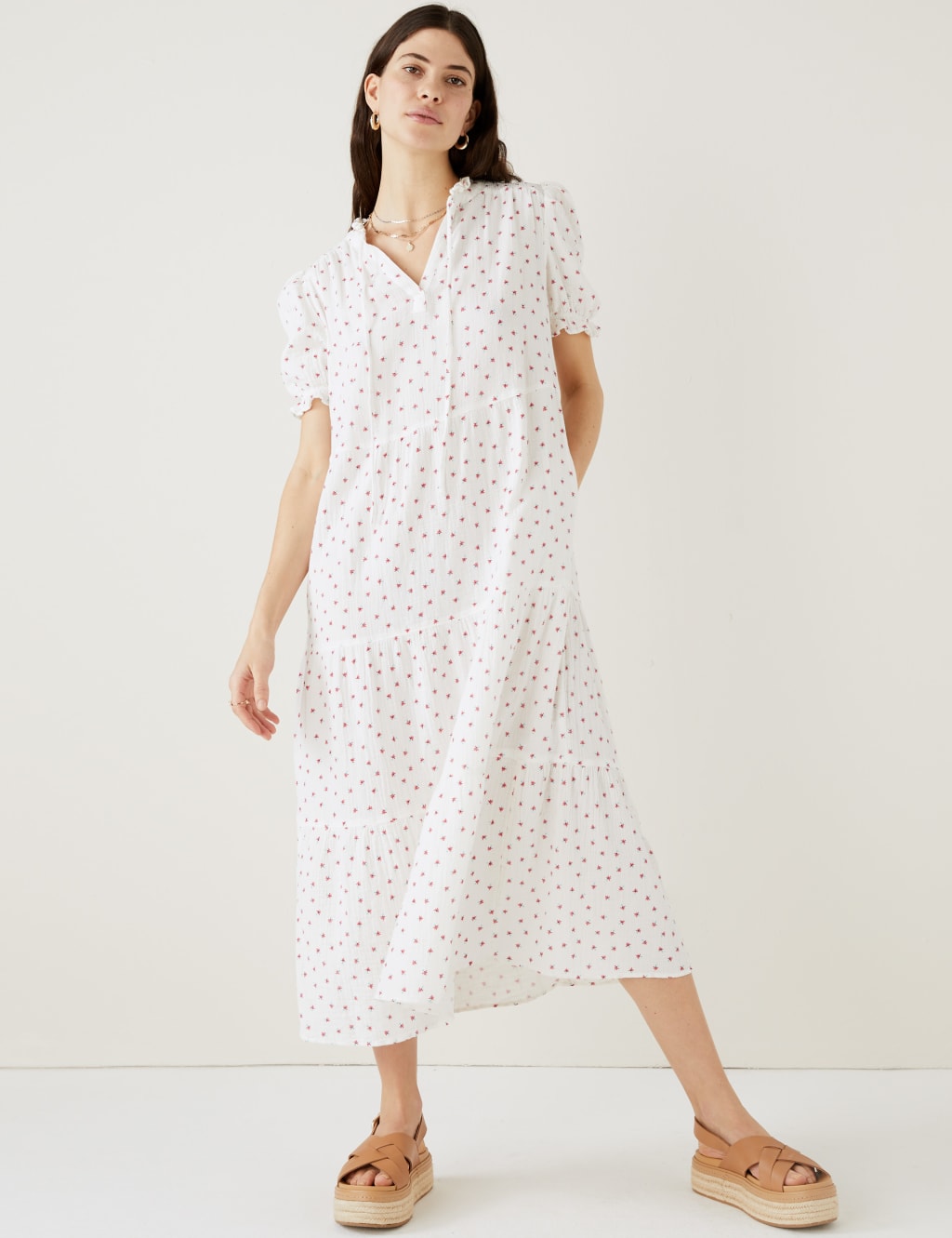 Cotton Rich Floral Tie Neck Midi Dress image 3
